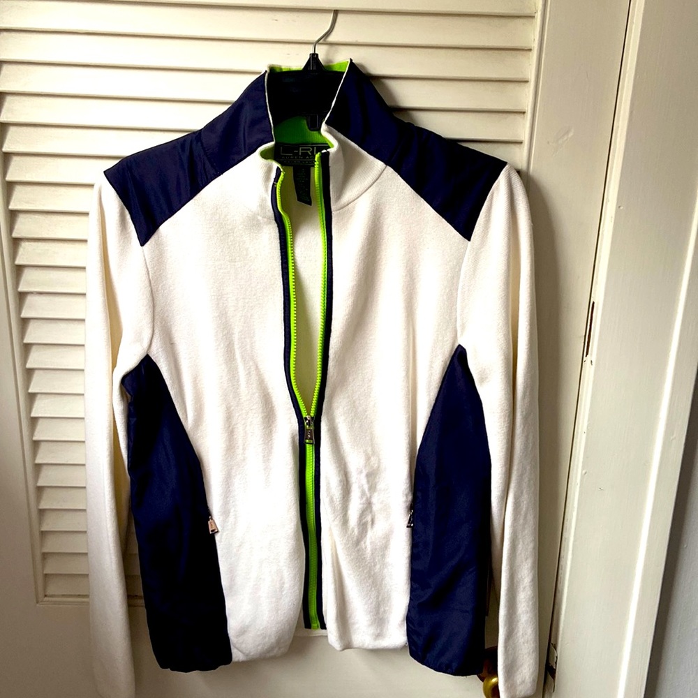 Ralph Lauren active full zip white with navy lime green trim large ladies jacket